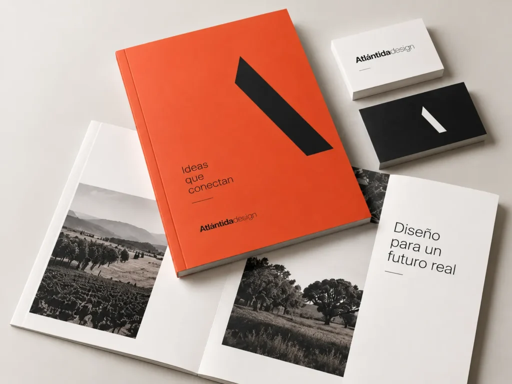 Diseño gráfico en La Rioja. Composición de diseño editorial y papelería gráfica de Atlántida Design.